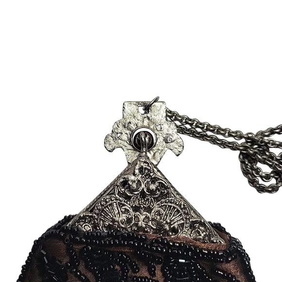 Beaded Hand Purse Vintage Antique Brown W/ Black Beads Metal Clasp/Chain - Picture 3 of 10